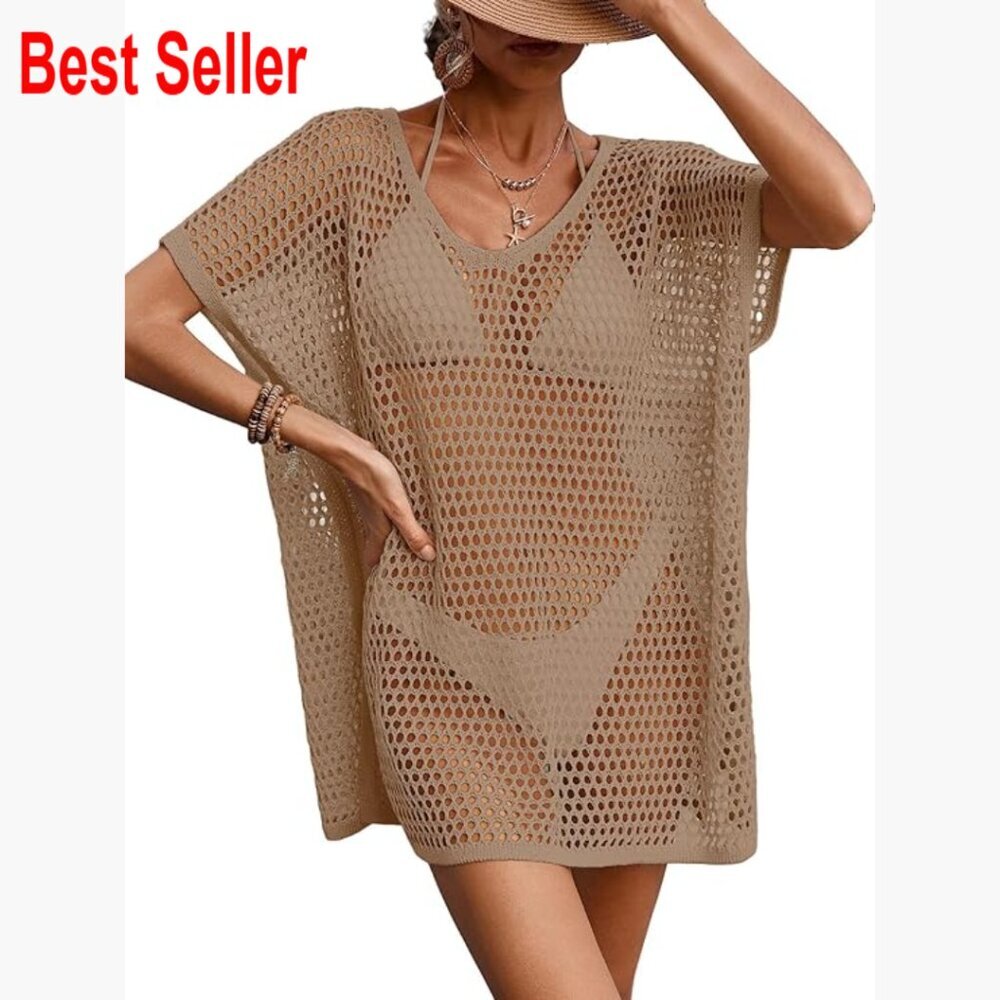 Polyester Crochet Swimsuit Cover Up Oversized Mesh Knit Mini Dress